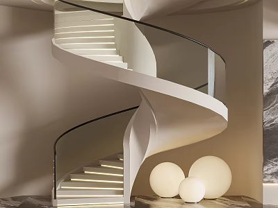Elegant Modern Spiral Staircase With Glass Handrail And Spherical Lamps 3d model