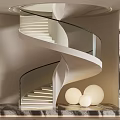 Elegant Modern Spiral Staircase With Glass Handrail And Spherical Lamps