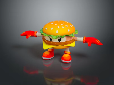 Cartoon Hamburger Character With Orange Sesame Bun Lettuce Cheese Red Gloves And Shoes 3d model
