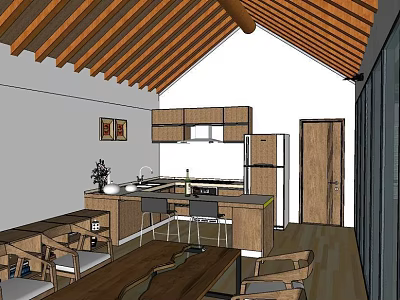Detached Villa Interior With Wooden Roof Beams Open Kitchen And Dining Space 3d model