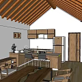 Detached Villa Interior With Wooden Roof Beams Open Kitchen And Dining Space