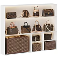 Various Styles Of Bags And Suitcases With Classic Pattern Displayed On White Shelves