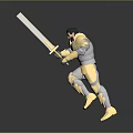 Man in Gold and Silver Armor Wielding Long Sword in Battle Stance with Reflective Surface