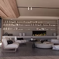 Cozy Living Dining Room with Wooden Ceiling Pendant Lights Bookshelves Fireplace and White Sofas