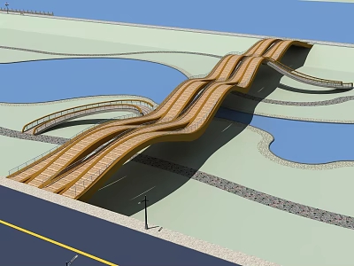 Modern Wavy Wooden Texture Landscape Bridge Spanning Water Near Roadside 3d model
