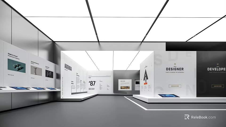 Modern Exhibition Hall Interior With Designer Displays Numbered Panels Lighting And Contemporary Stands 3d model 