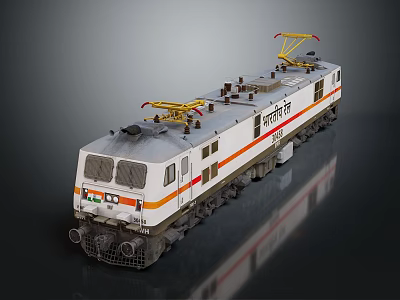 White Electric Train Featuring Orange Stripes Yellow Pantographs on Reflective Surface 3d model