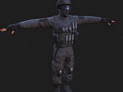 Man In Black Tactical Uniform With Helmet Mask And Arms Outstretched 3d model