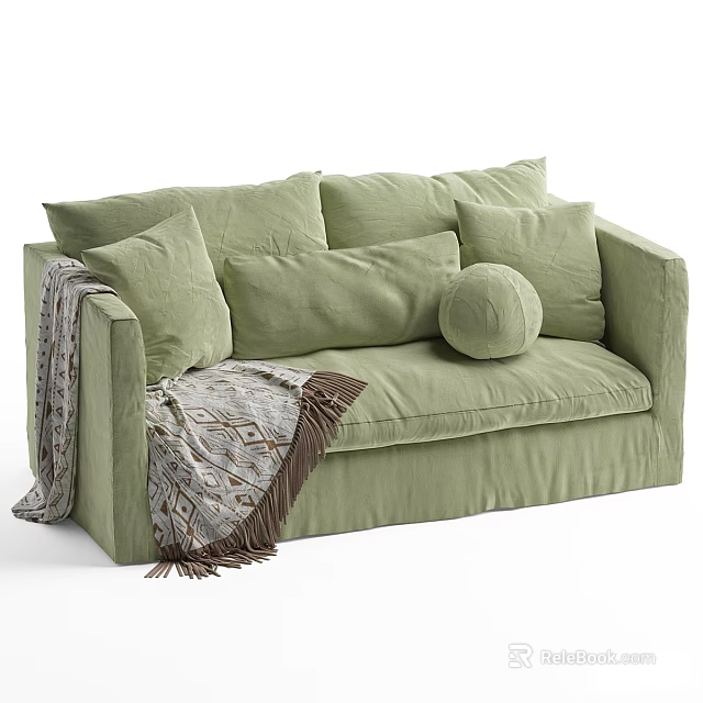 Light Green Fabric Two Seater Sofa With Multiple Cushions And Fringed Blanket 3d model 