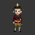 Cute Cartoon Character in Traditional Outfit With Black Gold Hat Red Top and Green Pants