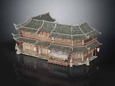 Traditional Chinese Ancient Architecture Featuring Two Story Wooden Structure Curved Eaves And Carved Windows 3d model