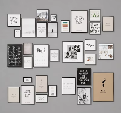 Photo Wall Featuring Framed Prints in Various Sizes Black White and Color Artwork and Typography 3d model