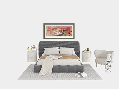Modern Double Bed Interior With Upholstered Headboard Artwork Nightstands Linen Blanket And Accent Chair 3d model