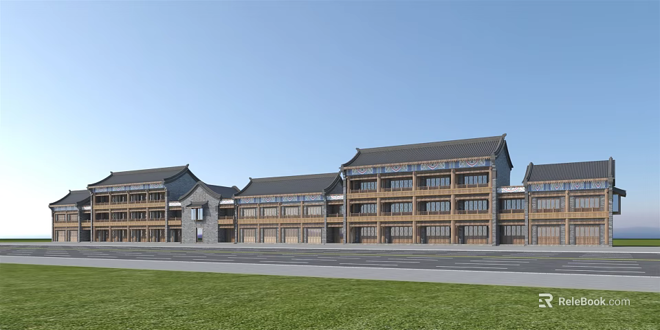 Traditional Chinese Commercial Street With Multi Story Buildings Traditional Roofs And Green Lawn 3d model 