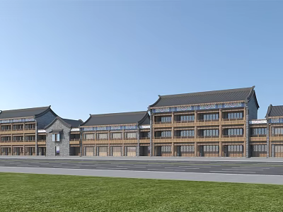 Traditional Chinese Commercial Street With Multi Story Buildings Traditional Roofs And Green Lawn 3d model