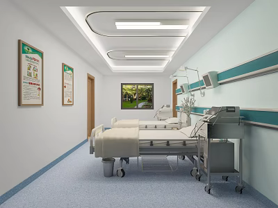 Modern Hospital Ward Interior With Medical Bed Equipment Wall Charts And Window 3d model