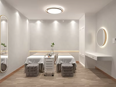 Modern Minimalist SPA Room Interior With Massage Beds Wooden Flooring Round Light And Mirrors 3d model
