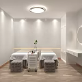 Modern Minimalist SPA Room Interior With Massage Beds Wooden Flooring Round Light And Mirrors