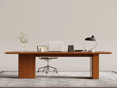Wooden Office Desk with Laptop Desk Lamp Vase with Plant Minimalist Workspace Chair and Rug 3d model