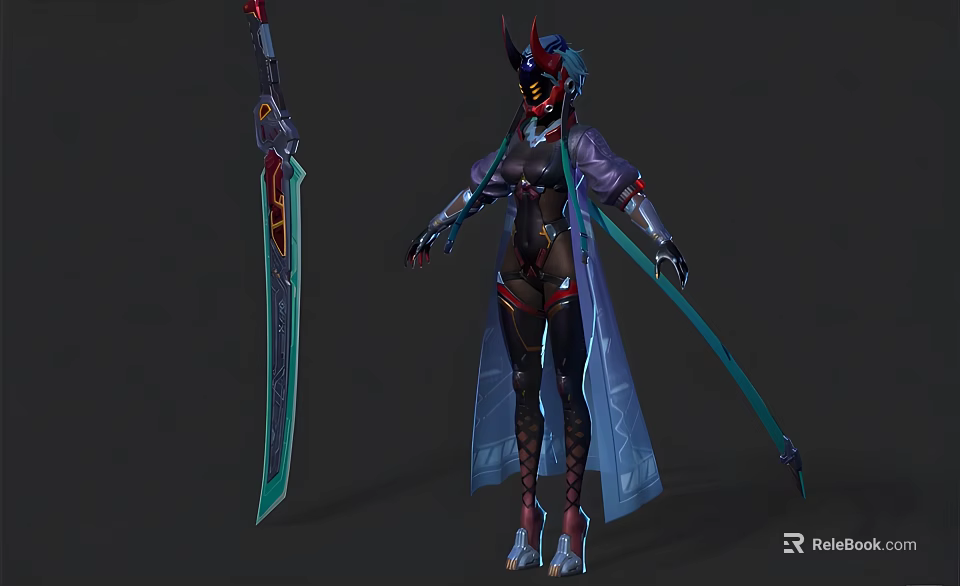 Armored Woman In Futuristic Helmet With Long Coat And Decorative Sword 3d model 