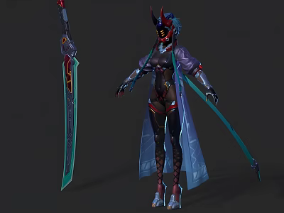 Armored Woman In Futuristic Helmet With Long Coat And Decorative Sword 3d model