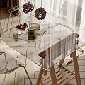 Transparent Glass Dining Table Set With Wooden Legs Clear Chairs And Decorative Vase Fruits