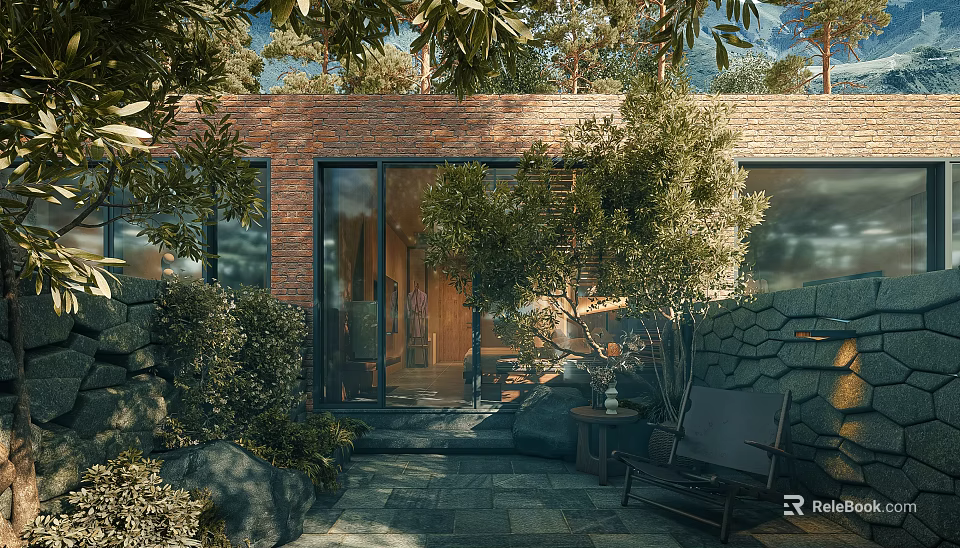 Natural Garden Landscape with Lush Trees Brick Walls and Outdoor Stone Seating Area 3d model 