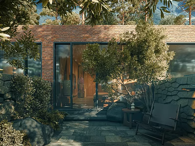 Natural Garden Landscape with Lush Trees Brick Walls and Outdoor Stone Seating Area 3d model
