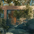Natural Garden Landscape with Lush Trees Brick Walls and Outdoor Stone Seating Area