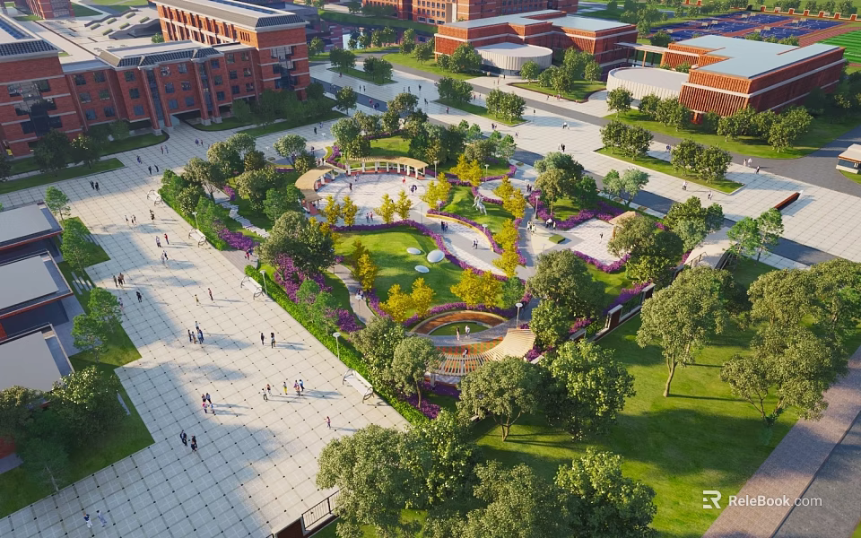 Aerial View Planning of Red Brick Buildings Green Spaces Plaza and Pedestrians 3d model 