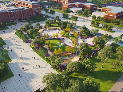 Aerial View Planning of Red Brick Buildings Green Spaces Plaza and Pedestrians 3d model