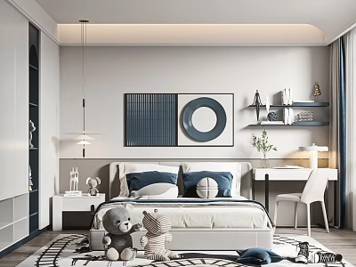 Modern Kids Bedroom With Blue White Pillows Wall Art Study Desk And Stuffed Toys 3d model