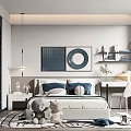Modern Kids Bedroom With Blue White Pillows Wall Art Study Desk And Stuffed Toys