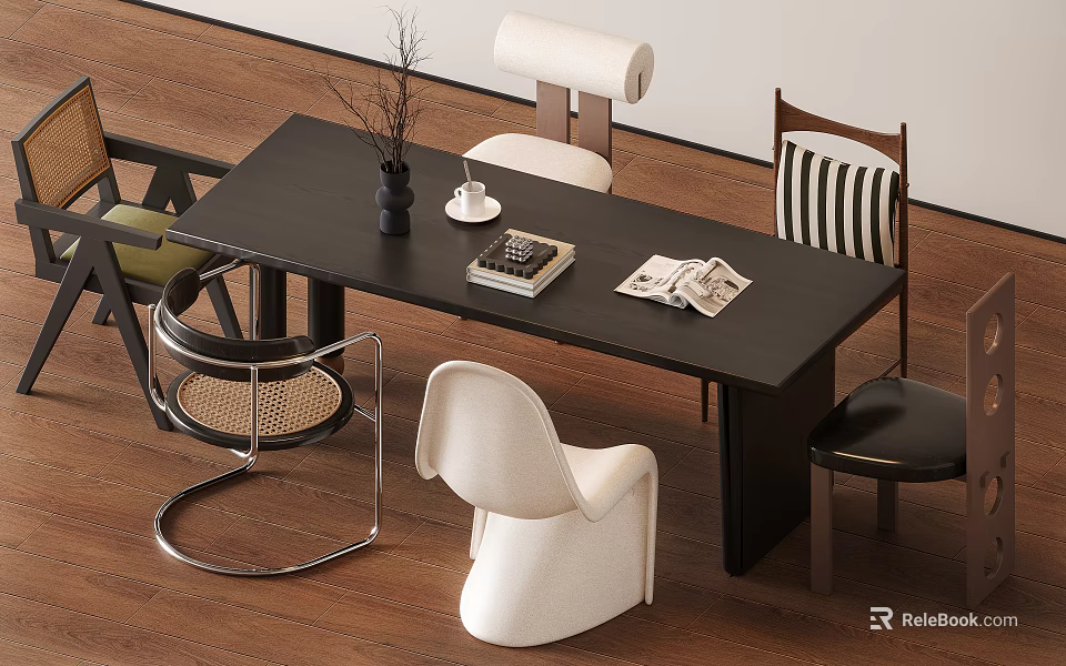 Modern Dining Table Set With Dark Surface And Mixed Design Chairs On Wooden Floor 3d model 
