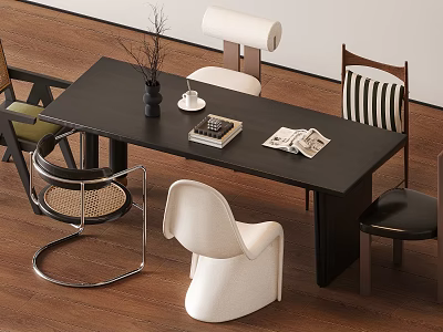 Modern Dining Table Set With Dark Surface And Mixed Design Chairs On Wooden Floor 3d model
