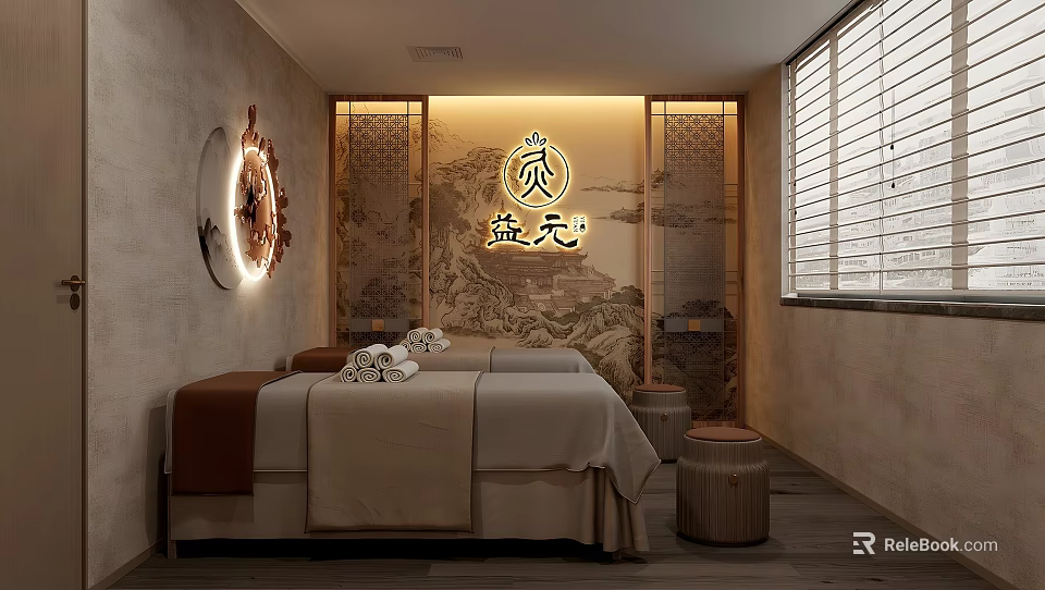 Elegant Hair and Beauty Salon Treatment Room With Warm Lighting Decorative Painting And Comfortable Treatment Bed 3d model 