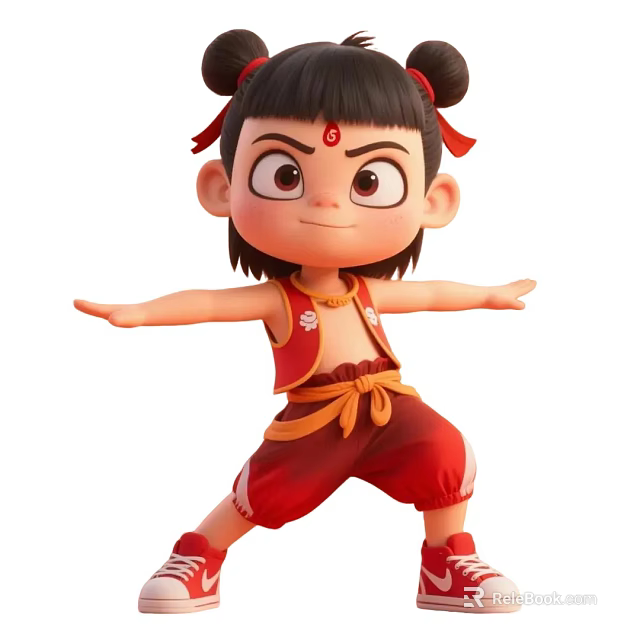 Cartoon Game Movie Character With Red Outfit Bun Hairstyle And Determined Expression 3d model 
