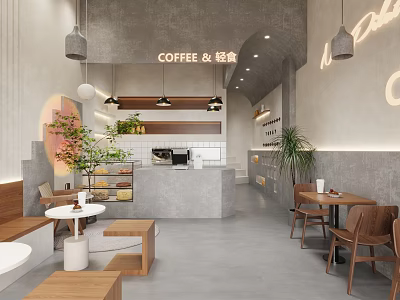 Modern Coffee Shop Interior With Gray Walls Wooden Furniture Green Plants And Bar Counter 3d model
