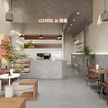 Modern Coffee Shop Interior With Gray Walls Wooden Furniture Green Plants And Bar Counter
