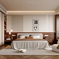 Modern Bedroom Interior With Striped Headboard Wall Wooden Furniture Accent Chair And Woven Rug