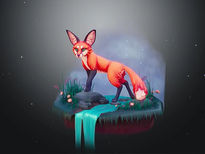 Red Fox Character Standing On Floating Island With Waterfall And Stars 3d model