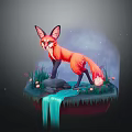 Red Fox Character Standing On Floating Island With Waterfall And Stars