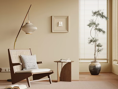 Neutral Interior Lounge Chair With Wooden Frame Cushion Side Table Floor Lamp And Framed Art 3d model