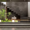 Modern Dark Stone Stairs Interior With Green Plants And Decorative Lights