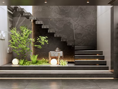 Modern Dark Stone Stairs Interior With Green Plants And Decorative Lights 3d model