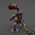 Vintage Industrial Metal Robot Character With Head Lamp And Mechanical Limbs