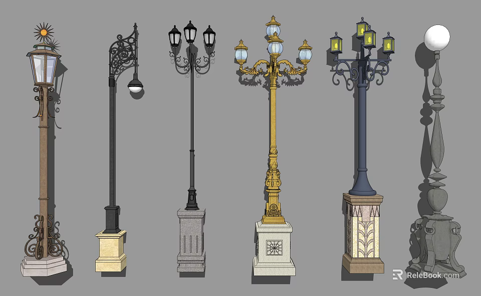 Various Outdoor Light Designs With Decorative Details Multiple Bulbs And Different Bases 3d model