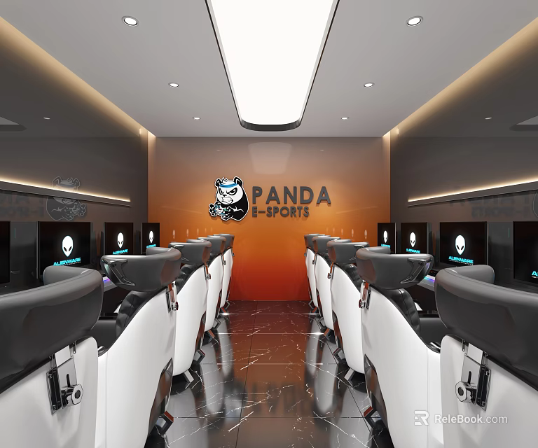 Modern Panda E-Sports Internet Cafe with Multiple Gaming Computers Comfortable Seats and Spacious Interior 3d model