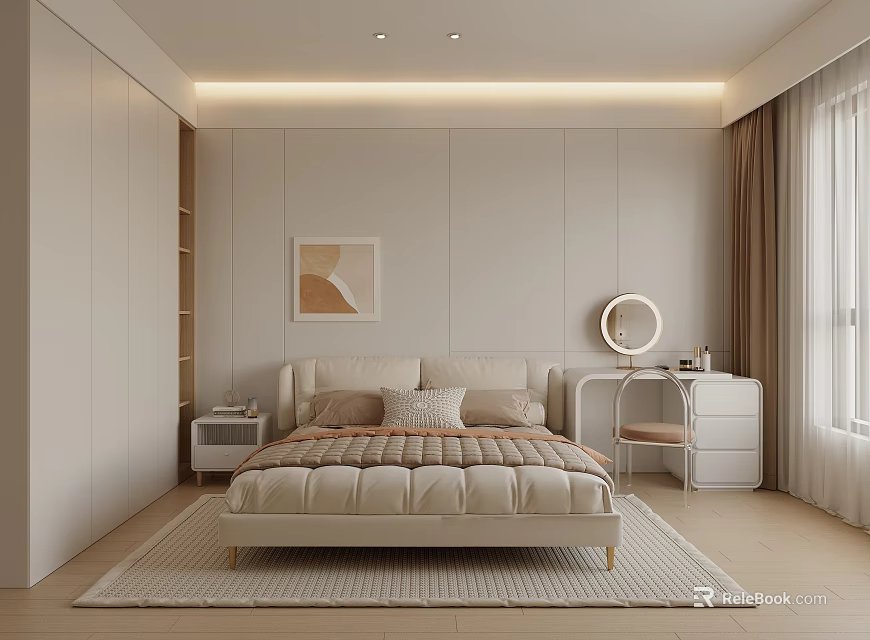 Modern Bedroom Interior With Beige Bed Wardrobe Dressing Table Mirror Rug Decorative Painting And Curtains 3d model 