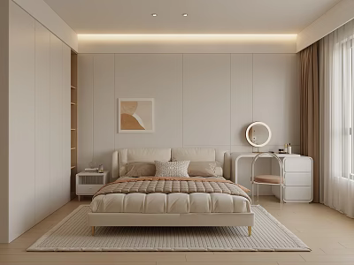 Modern Bedroom Interior With Beige Bed Wardrobe Dressing Table Mirror Rug Decorative Painting And Curtains 3d model